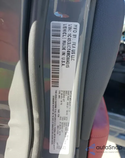 2021 Dodge Durango R/T z USA, uszkodzony, nr VIN 1C4SDJCT4MC804315